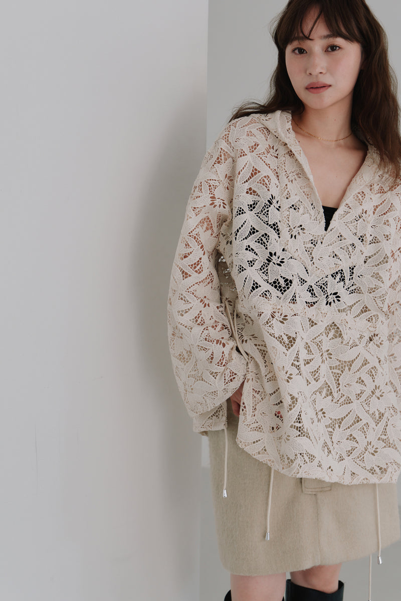 hella ヘラ　アイボリー レース フード付き長袖シャツ flower lace hoodie - Hella (ヘラ）公式通販サイト