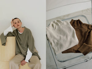 23 Hella SPRING COLLECTION【 SLIT SLEEVE TOPS / HIGH NECK MELANGE KNIT 】