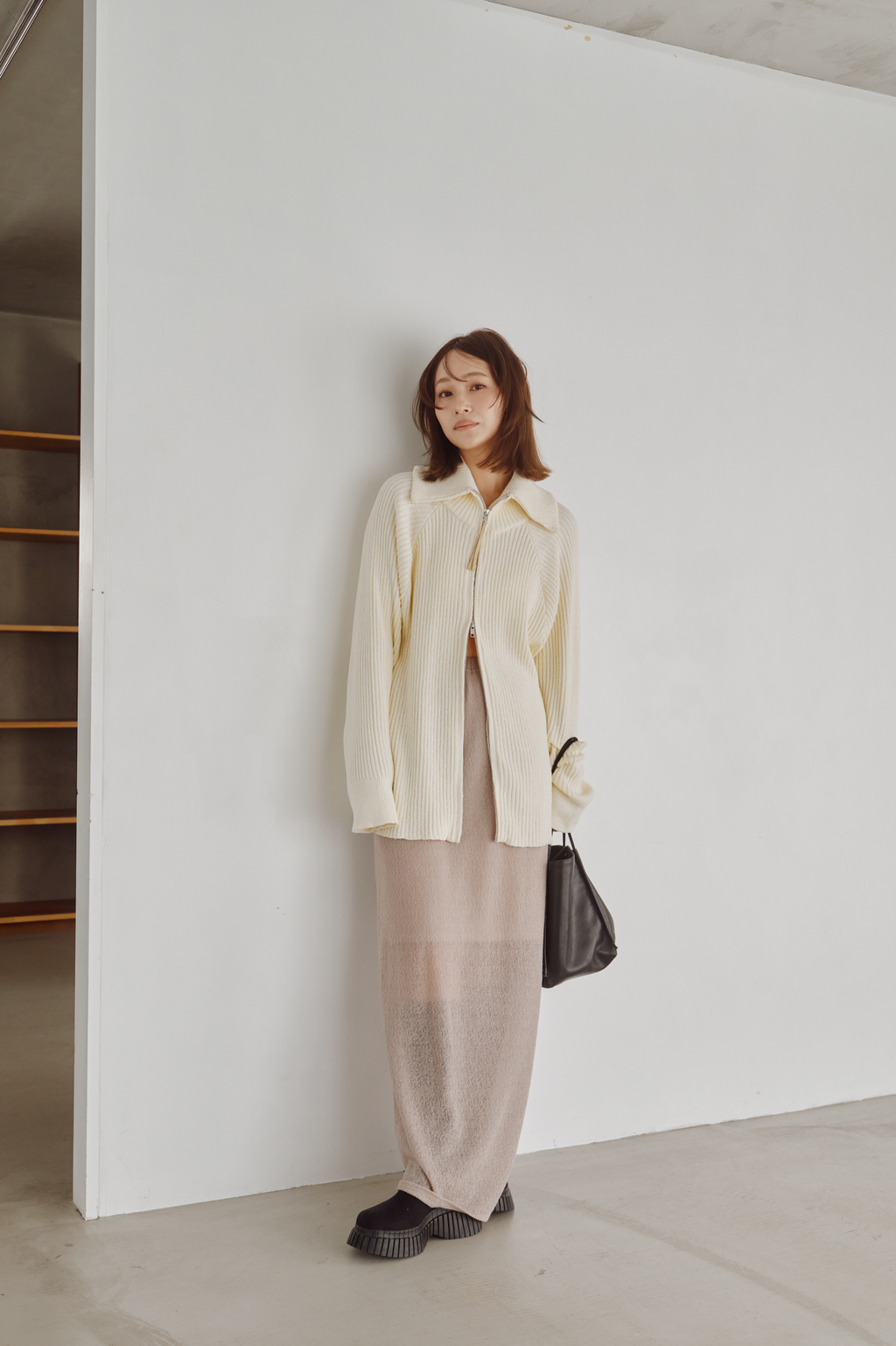 Wide Collar Rib Zip Knit