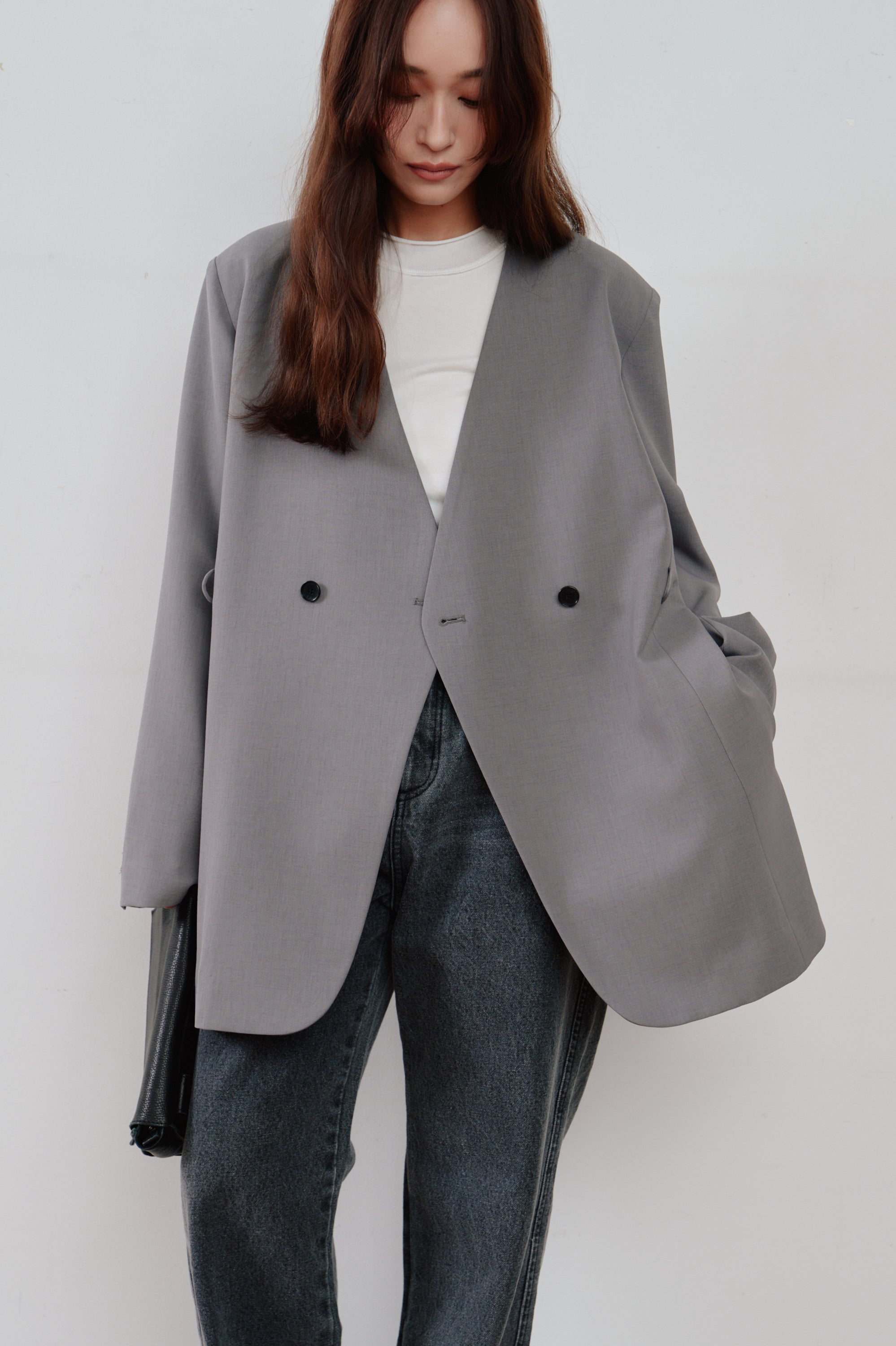 double button no collar jacket