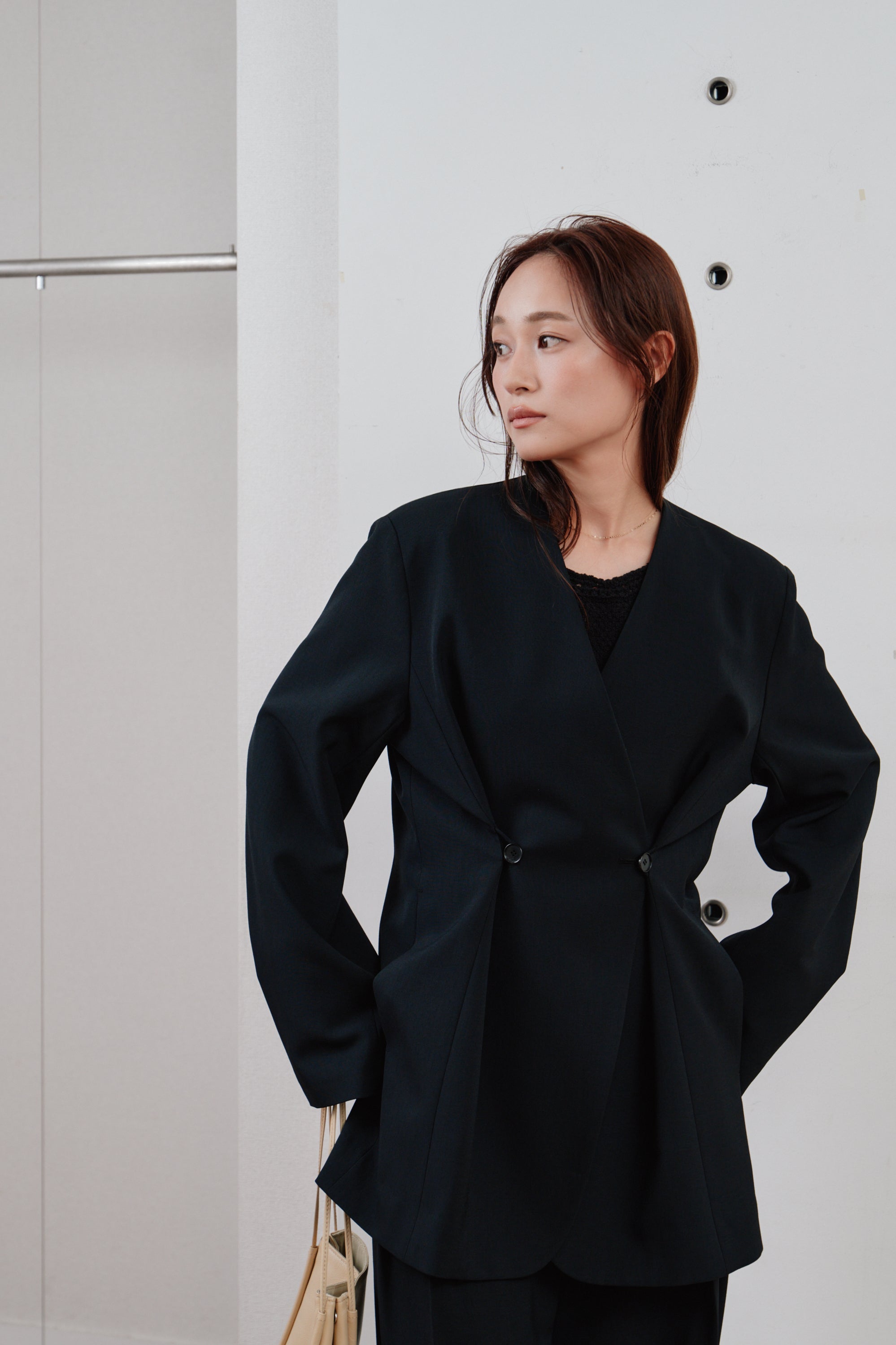 double button no collar jacket