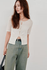 画像をギャラリービューアに読み込む, cropped sheer knit cardigan
